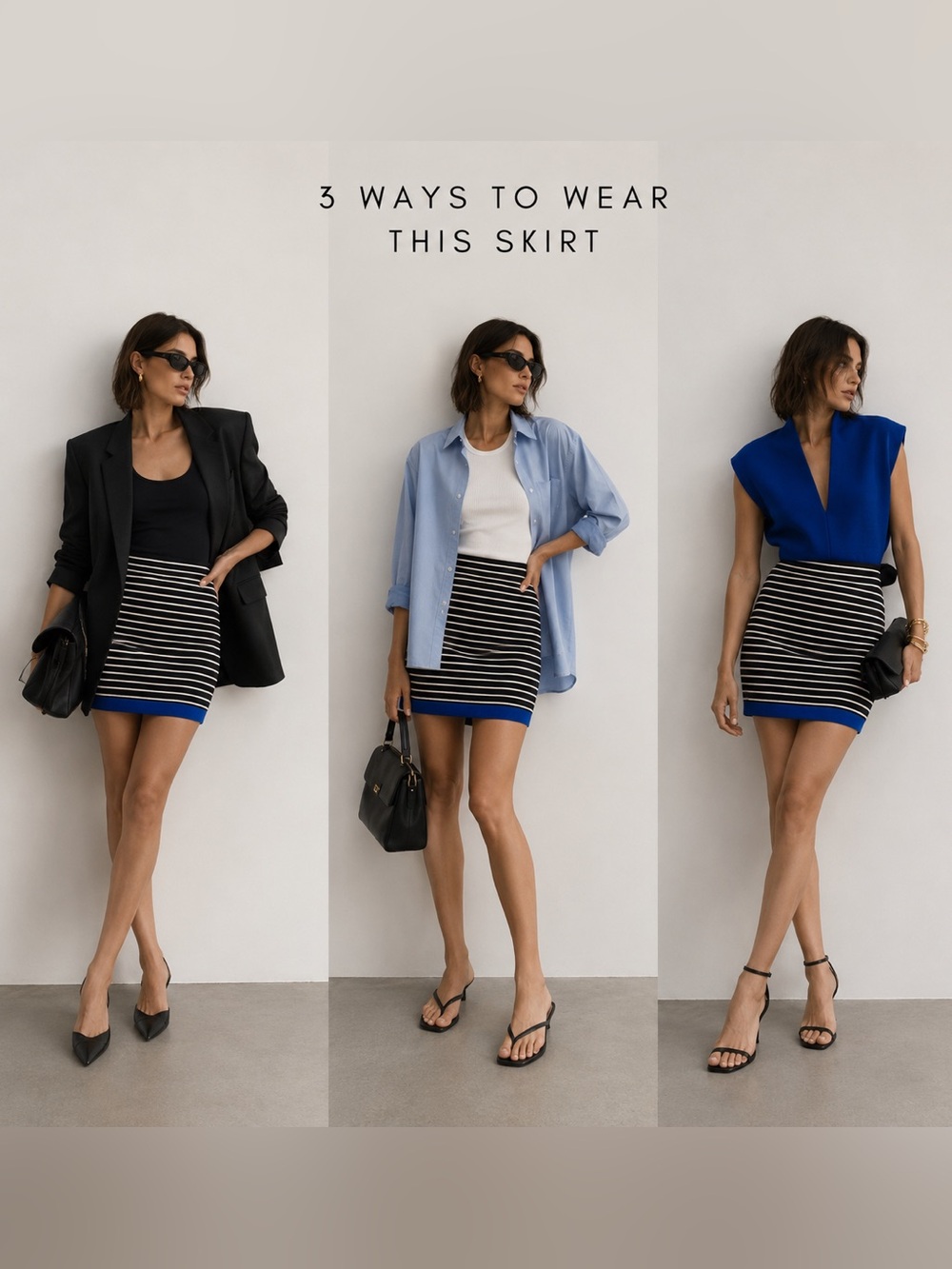 Ann Taylor Black and White Striped Mini Skirt with Blue Hem